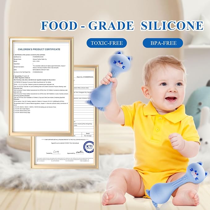 Baby Rattle Teething Toys Cat Silicone Teether Rattles for Baby 0-12 Months Food Grade Silicone (Blue)