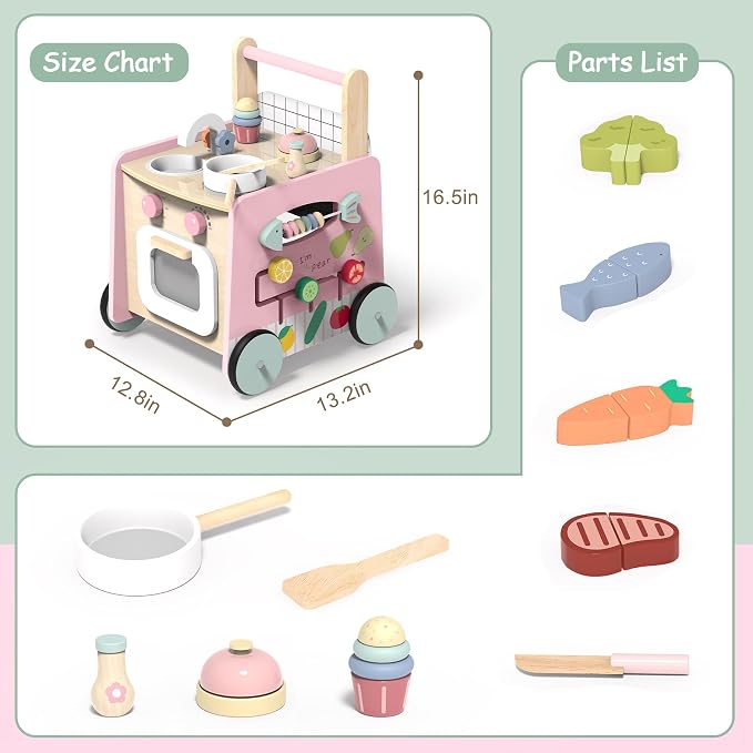 Gigglegems Wooden Baby Walker 4-in-1 with Push Walker Toys, Play Kitchen Accessories, Toddlers Montessori Sensory Toys, Walking Toys for Baby Girls Boys Learning to Walk