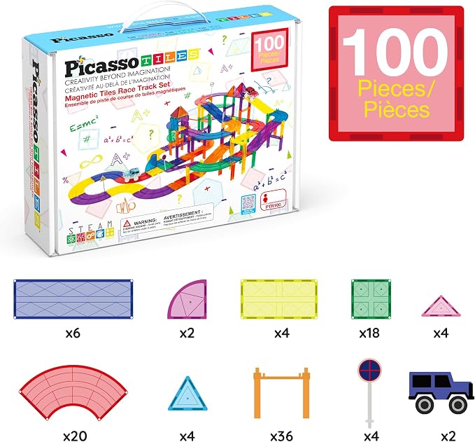 PicassoTiles 100 Pcs Race Track Magnetic Tiles Building Set LED Cars Truck Included with Adjustable Roads and Signs Multicolored STEM Toy Kit Construction Educational for Boys & Girls Ages 3+ PTR100