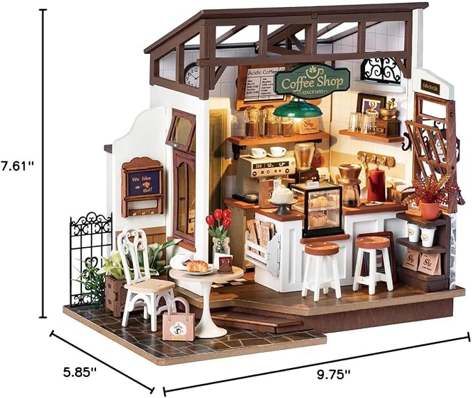 Rowood Coffee Miniature House Kit, Mother's Day DIY Miniature Dollhouse Kits for Adults to Build, Wooden Mini House Model Kits Adults Crafts with LED, Gift on Christmas Birthday for Family-NO.17 Cafe