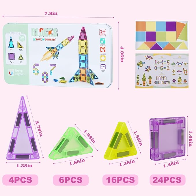 Mini Magnetic Tiles Travel Set- 50PCS Travel Toys with Portable Iron Box, Rounded Edges, Colorful STEM Toys for Kids Ages 3+, Building-Creativity Gifts, for Home Airplane Car Trip