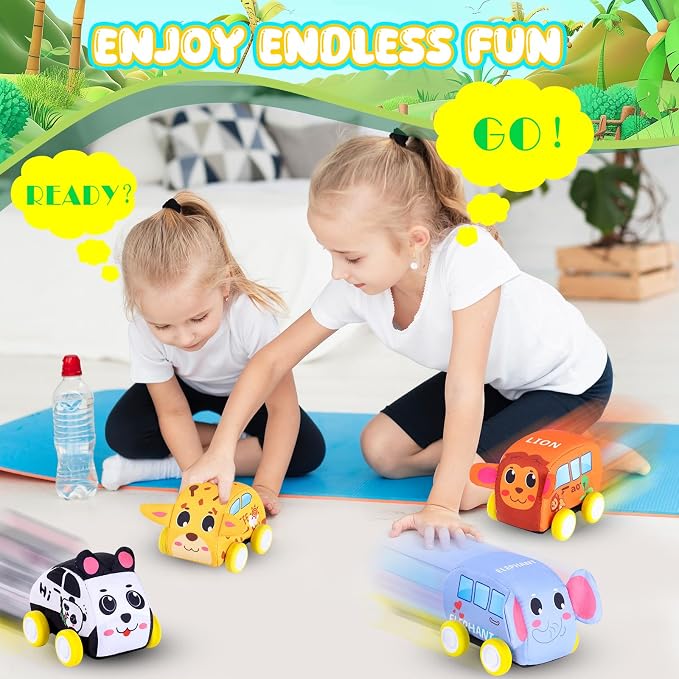 Jetbotell Soft Pull Back Vehicle Set for Toddler Toys Age 1-3 | 4 Cute Animal Cars | Vibrant Animal Designs | Safety & Easy Cleaning | Fine Motor Skills | Simply Pull Back and Release!