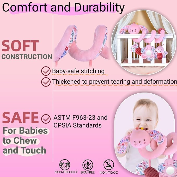 Spiral Car Seat Toy for Babies 0-6-12 Months Girl, Stroller Hanging Baby Toys 0-3-4-5-6-7-8-9-12 Month Old Newborn Infant Toddler Rabbit Gifts Travel Carseat Mirror Crinkle Bunny Accessories