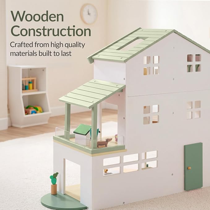 Best Choice Products Modern Wooden Dollhouse for Kids, 3-Story Doll House with 40 Furniture Accessories, Interactive Dollhouse Set with Dolls, Multi-Room Design for Girls & Boys - Sage