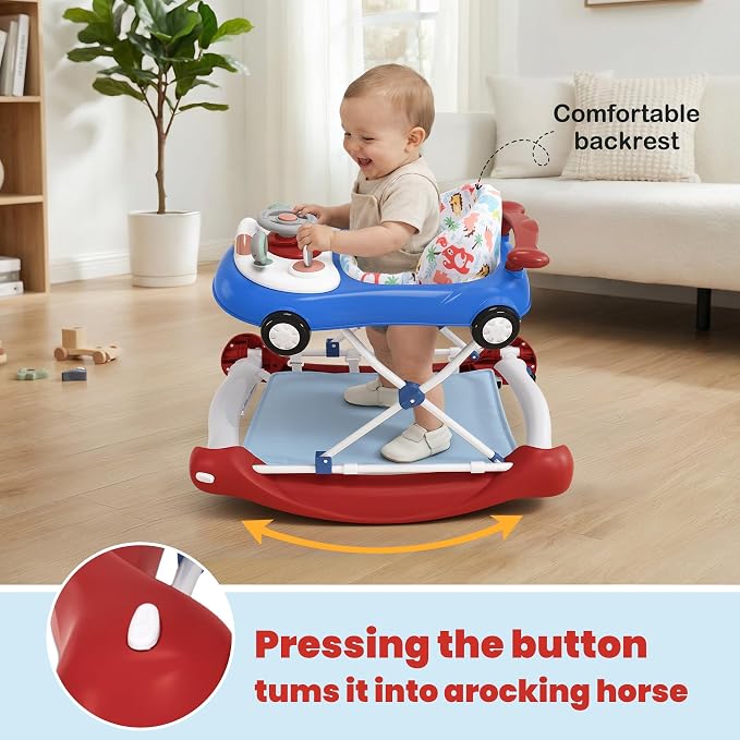 5-in-1 Convertible Baby Walker with Steering Wheel Music Activity Center – Infant Rocker, Jumper, Push Walker, Bouncer & Feeding Foldable Walker for Ages 6-18 Months Boys Girls (Red Blue)