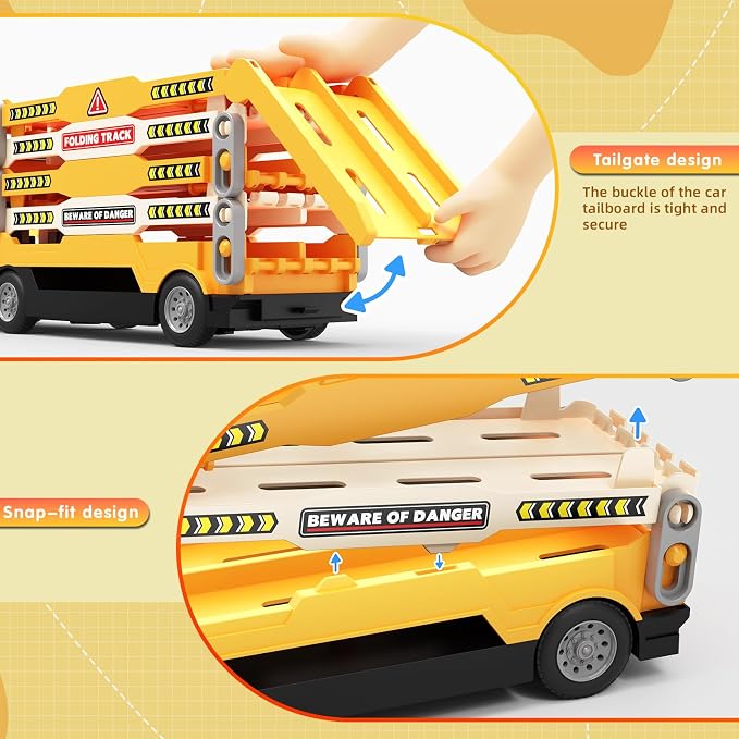 HONGTUO Race Track Truck Toy for Kids – Foldable 3-Layer Car Track Playset with 6 Vehicles, Light & Sound Transport Truck, Christmas & Birthday Gift for Boys and Girls Ages 3-6