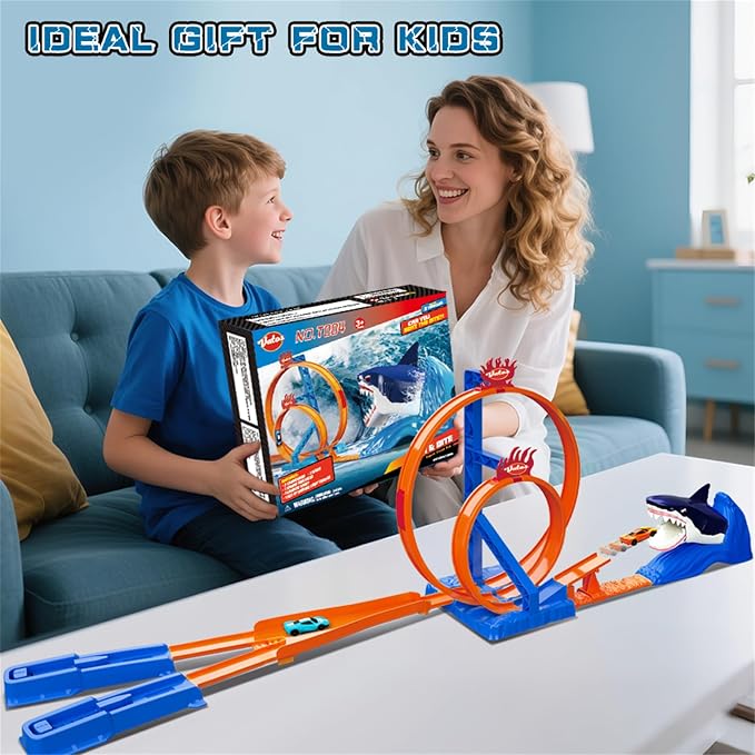VATOS Shark Toys Car Track Set, Dual Loop Race Track Toy for Boys, Shark Car Racing Tracks with 2 Race Cars & Launchers, Jumping Raceway Playset Kids Toys Gift for Boys Girls 3 4 5 6 7 8 Year Old