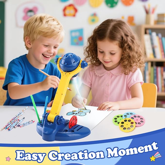 Sumsoltic Drawing Projector for Kids, Art and Craft Kit,Including Colored Pencils, Crayons, Coloring Books, Toys for 3+ Year Old Boys (Blue Drawing Kit v2)
