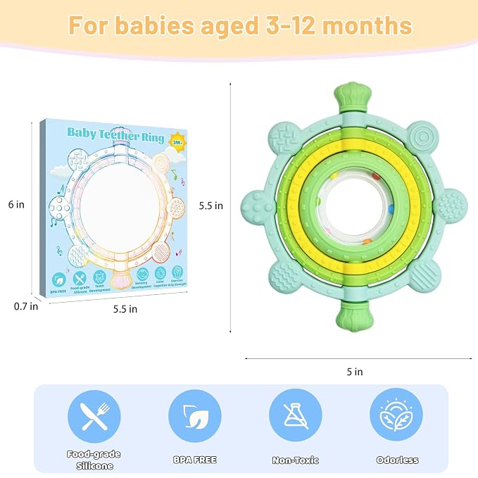 Rotatable Baby Teething Rings Rattle Toys for Infants 3-12 Months, Silicone Baby Teether Sensory Toys with Raised Textured Bumps, Safe & Soft for Chewing, Teething Relief, Soothing Sore Gums, BPA-Free