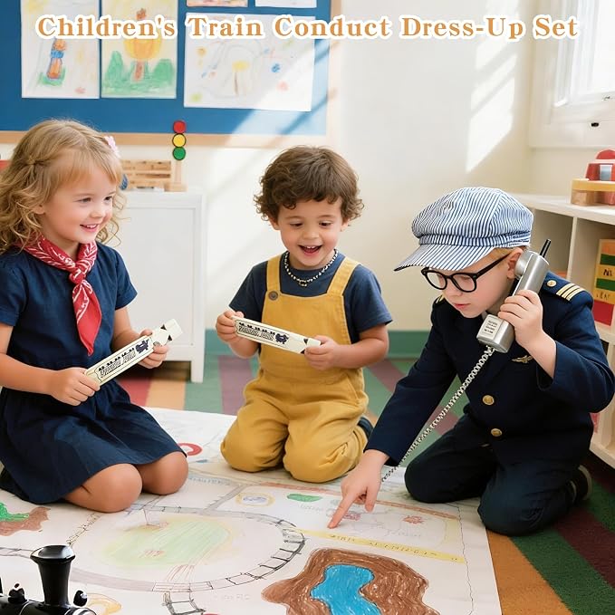 Kids Train Conductor Costume Set 7 Pcs - Halloween Engineer Dress Up with Wooden Train Whistle, Ticket Punch & Pocket Watch | Complete Role Play Accessories for Boys Girls Ages 3-12
