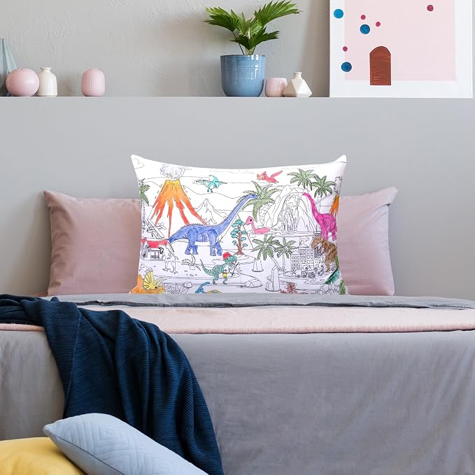 Mindsoft Coloring Craft Coloring Pillowcase Pillow Covers with 12 Pcs Markers Pens for Decoration Supplies Craft, 28.7 x 19.7 Inch (Dinosaur)
