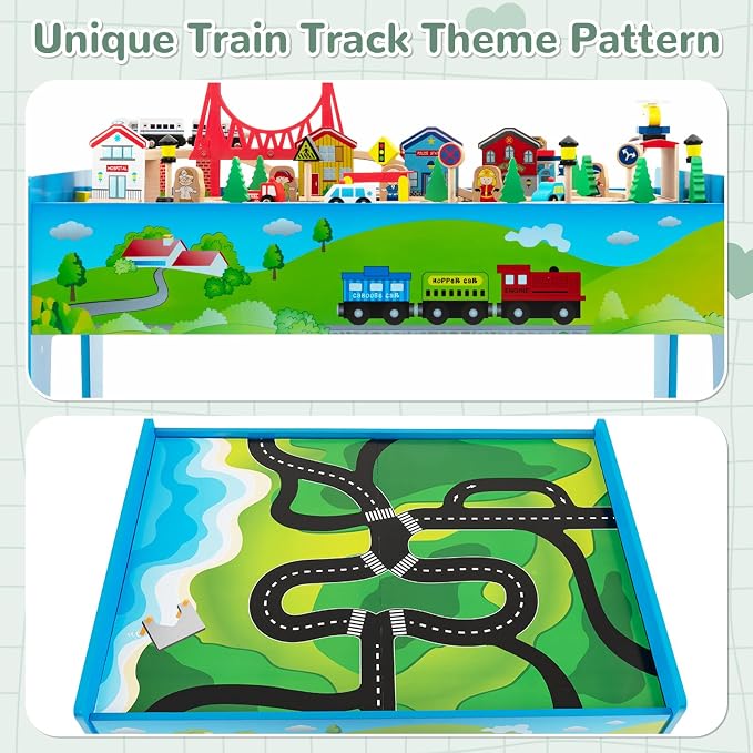 INFANS Train Table, 80 Pieces Wooden Kids Activity Toy Table Playset with Reversible Detachable Tabletop, Tracks, Train, Railway, City, Gift for Toddler Boys Girls Ages 3+ (32.5" x 23.5" x 16")