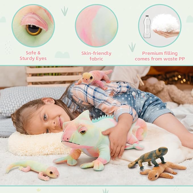 MorisMos 27" Giant Chameleon Stuffed Animal with Babies, 5Pcs Mama & Baby Stuffed Lizard Plush Toys for Kids, Realistic Rainbow Chameleon Plush Toys, Lizard Toys for Jungle Birthday Gift & Room Decor