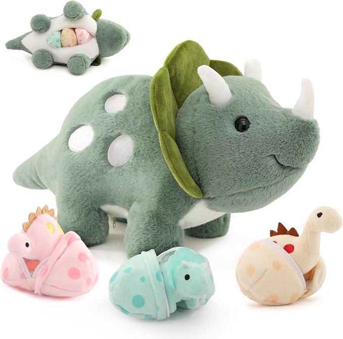 Dinosaur Stuffed Animal Set, 17.6 Inch Green Mommy Dinosaur Plush with 3 Baby Dinosaurs, Triceratops Stegosaurus Diplodocus Plush Toys for Girls Boys Kids, Cute Dino Christmas Birthday Gift