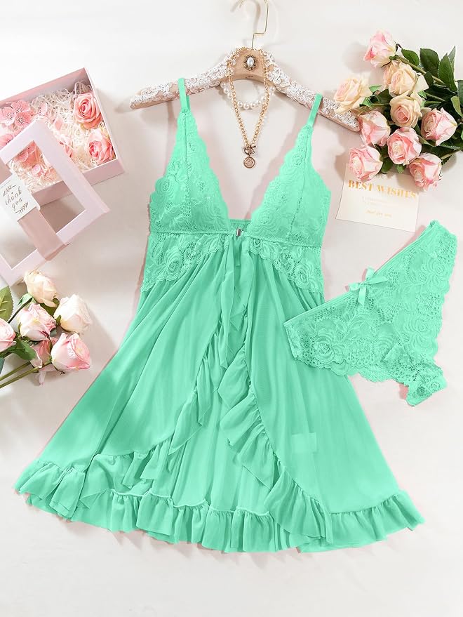 Foxiny Sexy Open Front V Neck Ruffle Sheer Mesh Lace Wireless Babydoll Lingerie Dress with Thong 2 Piece