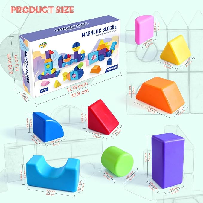 Big Magnetic Building Blocks, 1.65 Inch 8 Colors Magnetic Blocks for Kids Ages 3+, 3D Shapes Montessori Sensory Construction Toy for Boys and Girls (22PCS)