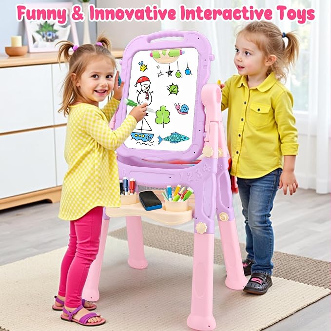 Kids Double Sided Art Easel for Toddlers Magnetic White Board Chalk Board with Painting Accessories Adjustable Stand Drawing Educational Learning Toys - Age 3 4 5 Year Old Girl Birthday Gifts Pink
