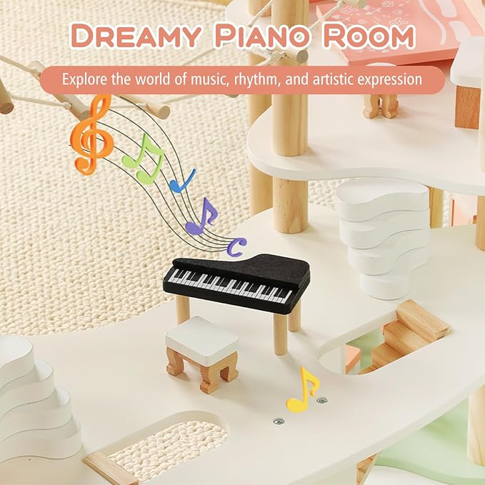 Costzon Wooden Dollhouse for Kids, 3-Story Luxury Doll House with 32 Pieces Furniture Accessories, 7 Rooms, Stairs & Balcony, DIY Pretend Dollhouse Playset, Gift for Girls Toddlers Ages 3+ (Colorful)