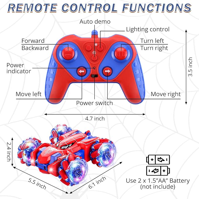 Punieayi Spider Remote Control Car, 2.4Ghz RC Cars with Headlight Double Sided Off-Road 360° Rotating Rechargeable 4WD RC Stunt Car Indoor Outdoor Spider Toys for Boys 4-6 5-7 8-13