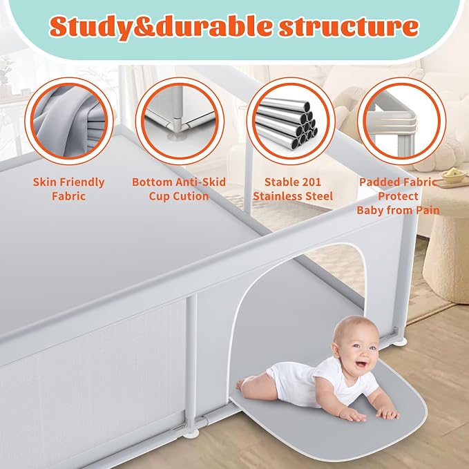 XVISHX Baby Playpen, 79''x79'' Extra Large Playpen for Babies and Toddlers, Baby Fence Play Pen for Indoor & Outdoor, with Soft Breathable Mesh Grey