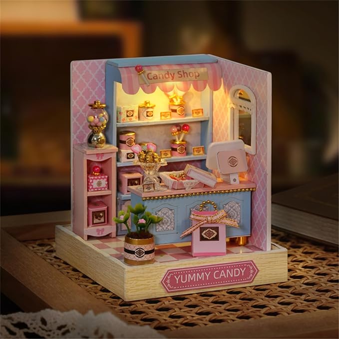 Kisoy Dollhouse Miniature with Furniture Kit, DIY 3D Wooden DIY House Kit with Dust Cover,Handmade Tiny House Toys for Teens Adults Gift (Yummy Candy)
