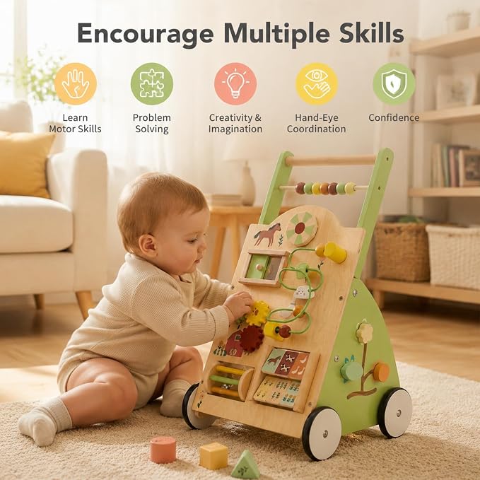 DUMOS Wooden Baby Push Walker, Montessori Activity Toys with Adjustable Speed for 1 Year Old, Silent Rubber Wheels, Green