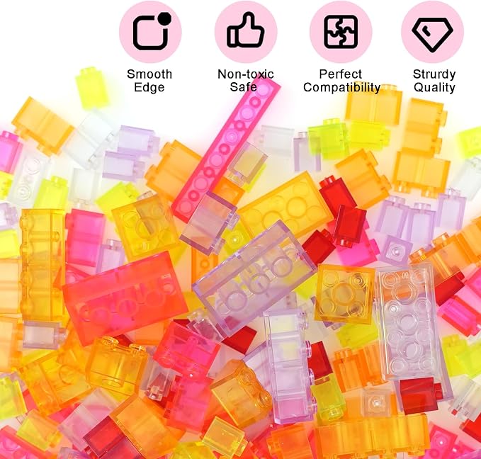 Classic Clear Transparent Bulk Bricks, 300 Pieces and Parts Creative Building Blocks, Compatible with All Major Brands-8 Shapes Building Bricks for Girls