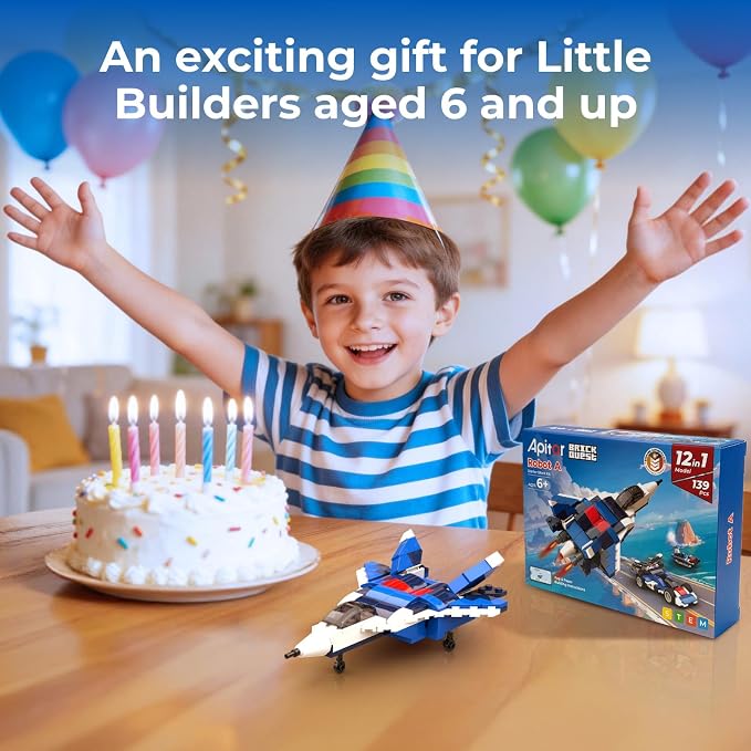 Apitor 12-in-1 STEM Building Blocks Kit for Kids Ages 6-12 | 139 Pcs Creative Construction Toy with Digital App & Paper Manual | Fighter Jet Model Build Robot DIY Activity Toy for Ages 6+ Years
