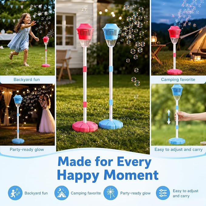 New Bubble Machine, 47in Rechargeable Automatic Bubble Maker with Light Music, 3 Level Heights Adjustable, Detachable Bubble Wand for Outdoor Party Wedding, Includes Bubble Solution (Red)