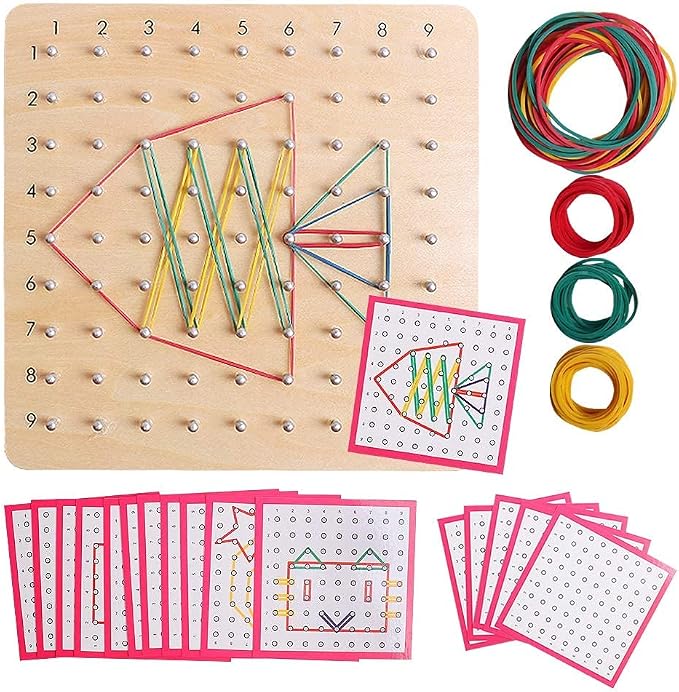 Wooden Geoboard with Pattern Cards & Rubber Bands, Montessori STEM Educational Toy for Kids 3-5 5-8 Years Old, Brain Teaser Puzzle Game for Geometry Learning and Creative Shapes