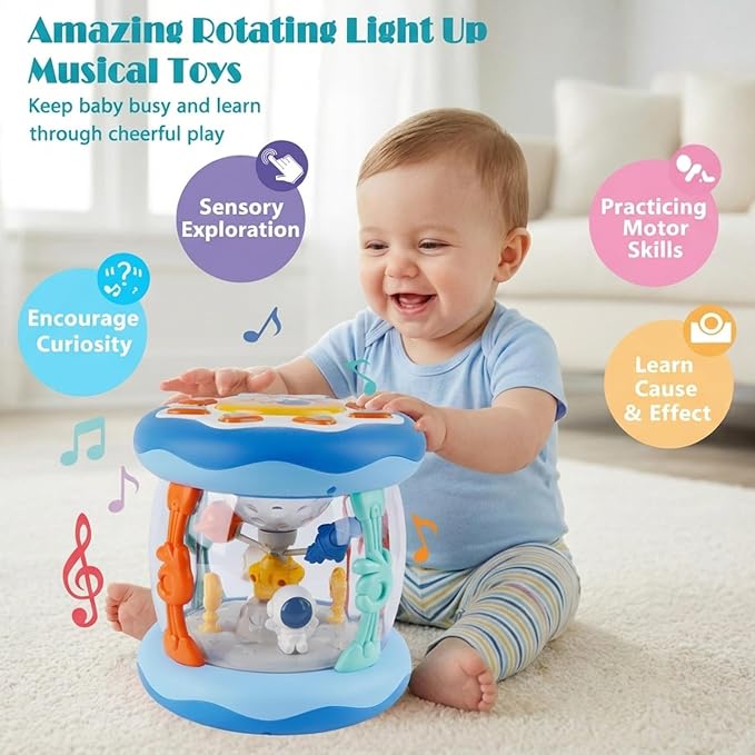 Baby Boy Toys 6-12 Months, Blue Babies Outer Space Projector Rotating Musical Light Up Tummy Time Toy 6-12 Months, Crawling Learning Infant Toy for Toddlers 1 2 3 Years Old Newborn Birthday Gifts