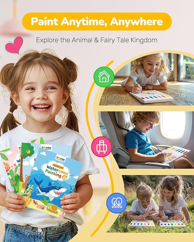 TECJOE 3 Pack Paint with Water Coloring Books for Toddlers, Mess Free Watercolor Painting Set with 6 Brushes, Travel Art Craft Toys Birthday Gifts for Kids Ages 3-8, Traffic, Forest & Dinosaur