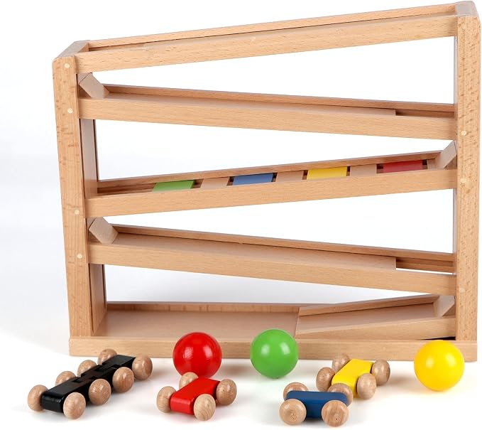 Qilay Wooden Race Track Car Ramp Racer Toy for Toddlers, 5 Level Race Car Ramp Toy Set Includes 4 Wood Cars and 3 Balls,Great Building Learning Toys or 3+ Years Old Boy and Girl