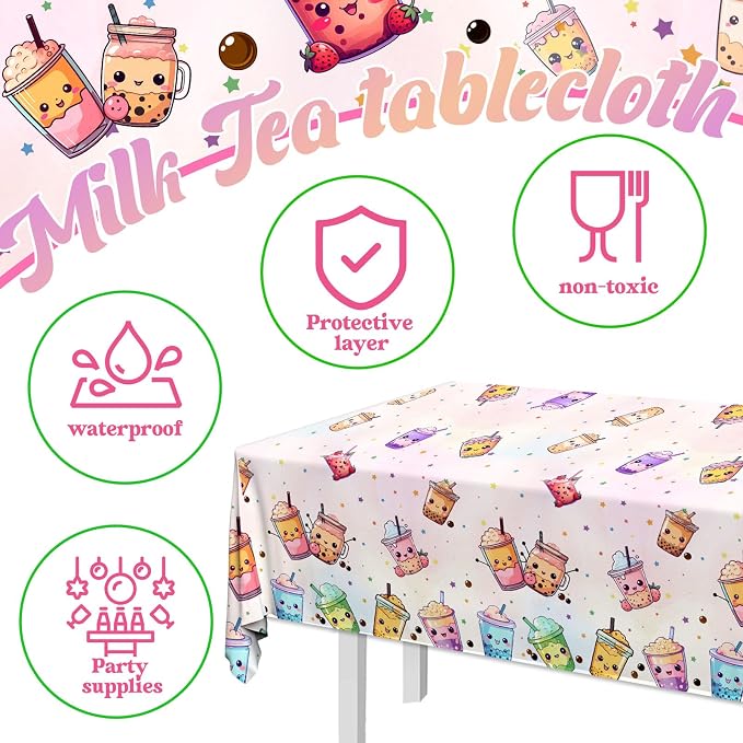 Boba Tea Party Decorations,3pcs Bubble Tea Birthday Tablecloths Waterproof Plastic Boba Table Covers for Boba Party Decorations