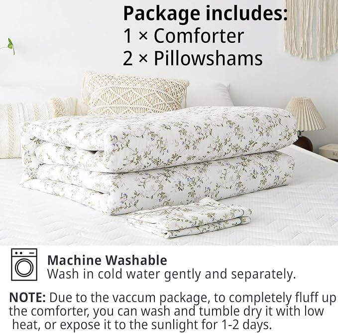 LEMIROE Botanical Cotton Comforter King Size - Tender Green Comforter Printed with Leafy Branches & Purple Stamens on Off-White,Reversible Lightweight Bedding Sets 3Pcs