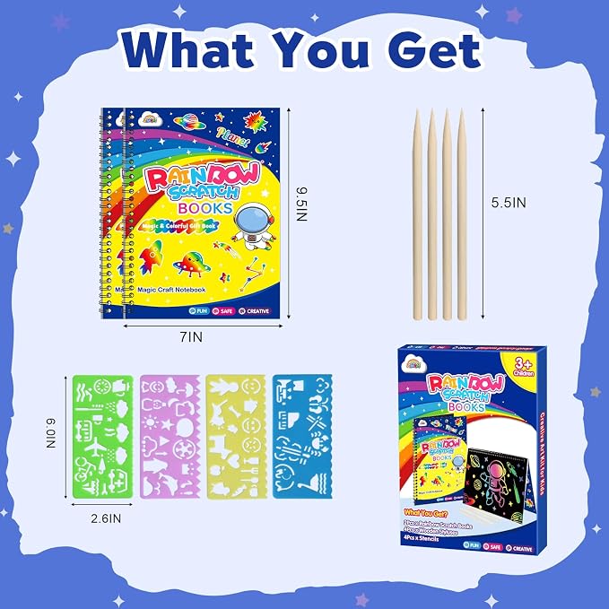 ZMLM Scratch Paper Art-Crafts Gift: 2 Pack Rainbow Notebooks Supplies Toys for 3 4 5 6 7 8 9 10 Years Old Girls and Boys Kids Easter Gifts Christmas Birthday Party Games Planet