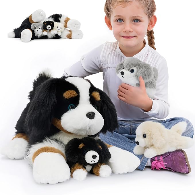 Tezituor Dog Stuffed Animal,26 Inch Border Collie Plush Toys Set with 3 Puppies,Realistic Mommy Dog Plush,4PCS Black White Puppy Plushies,Soft Dog Plush Gift for Girls Boys Kids Birthday Christmas