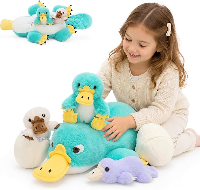 Tezituor Platypus Stuffed Animal Set,Mother Platypus Plush with 3 Colorful Baby Platypuses,Soft Blue Animal Family Plush Toy with Egg,Cute Easter Christmas Birthday Gift for Kids Boys Girls Girlfriend