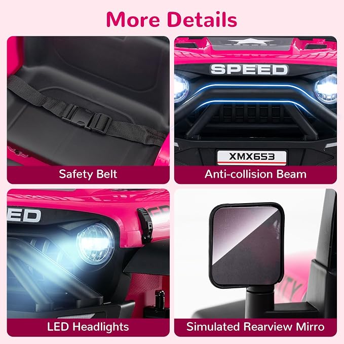 OLAKIDS 24V Ride on Car with Remote Control, Bluetooth, LED Lights, Horn, Spring Suspension, High/Low Speeds, Soft Start for Kids Aged 3+ (Pink)