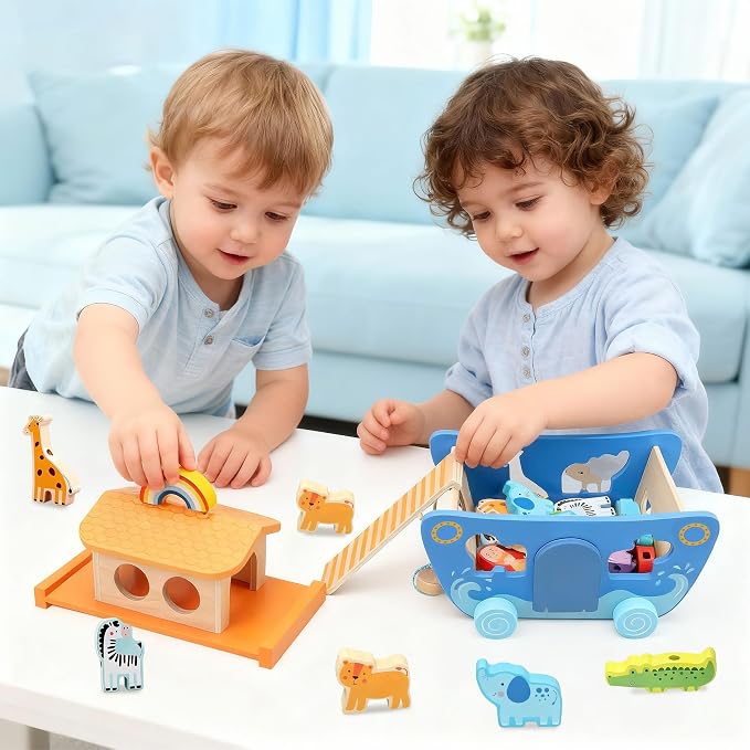 Tooysea Wooden Noah's Ark Toy with Animal Shape Sorter,Baptism Gifts for 1 2 3 4 Years Old,Montessori Toys for Toddlers,Baptism Gifts for Boys and Girls,24 Months Babies