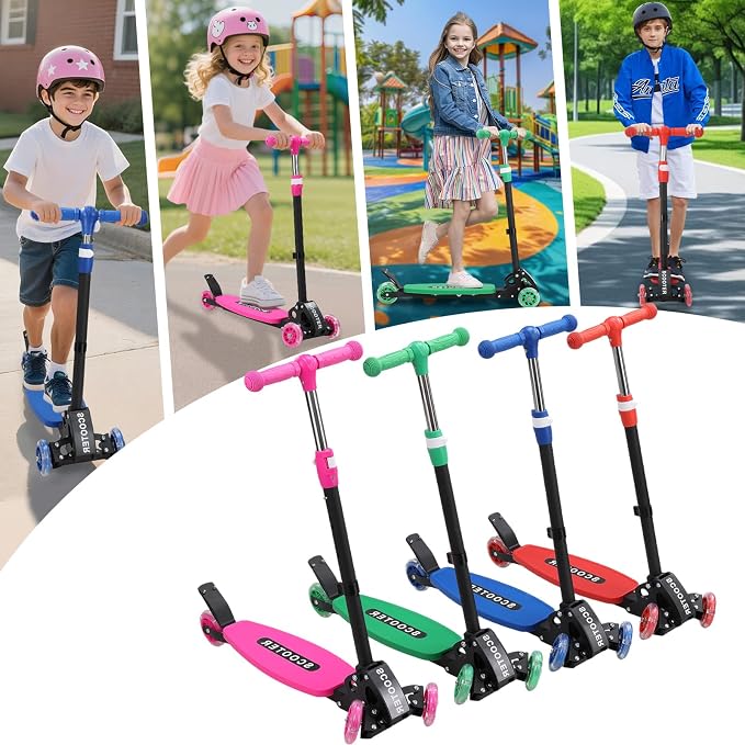 Kids Kick Scooter for 3-12,Lean-to-Steer 3 Wheel Scooter for Beginners with Light-Up Wheels,3 Adjustable Handlebar 27.5"–33",6-Inch Wide Deck,Rear Foot Brake,Foldable Scooter for Boys & Girls