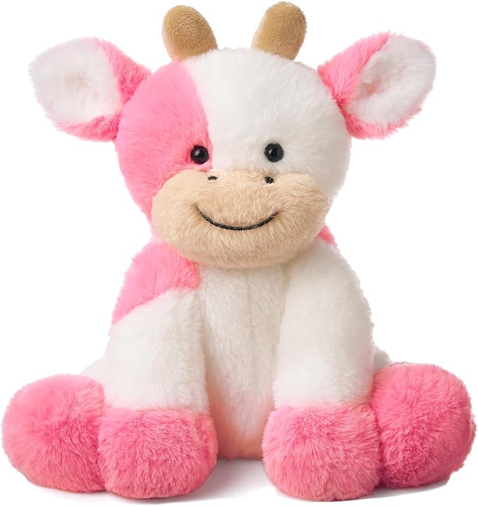 Hopearl Adorable Plush Cow Toy Floppy Dairy Cattle Soft Kawaii Stuffed Animal Cute Birthday Holiday Gift for Boys Girls Kids Toddlers, Strawberry Pink, 9''