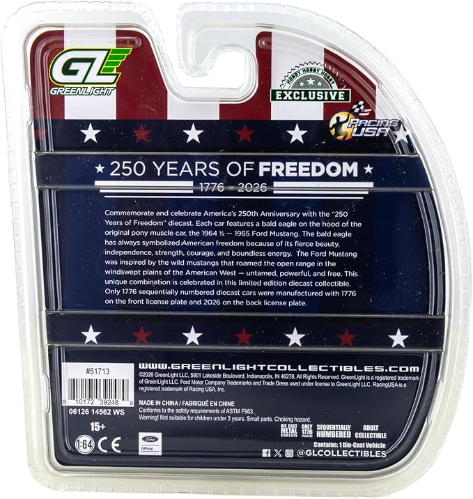 Greenlight 1965 Ford Mustang 1:64 Diecast – 250 Years of Freedom (1776–2026) Patriotic Eagle Design – 1 of 1,776 Sequentially Numbered Hobby Exclusive Collectible Limited Edition