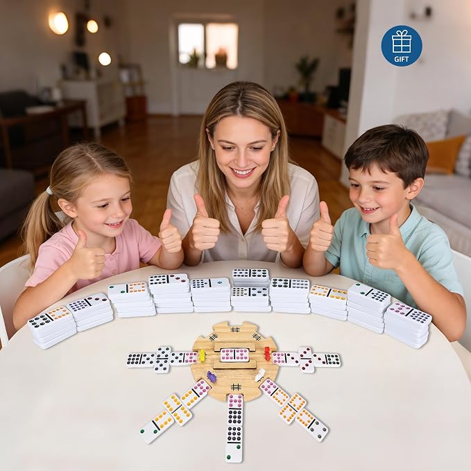 GOTHINK Double 12 Mexican Train Dominoes Set in Wooden Carry Case, Colored Dots Domino Set for Adults Kids and Family, Included 91 Tiles, 9 Trains, Wooden Hub, 8 Holders, 2 Scorepad, Modern Box
