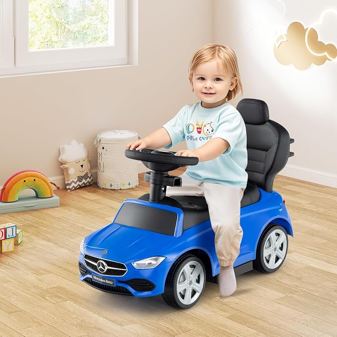 Costzon Push Car for Toddlers, 3 in 1 Mercedes Benz Stroller Sliding Walking Car w/Canopy, Handle, Safety Bar, Horn Sound, Underneath Storage, Foot-to-Floor Ride On Toy for Boys & Girls (Blue)