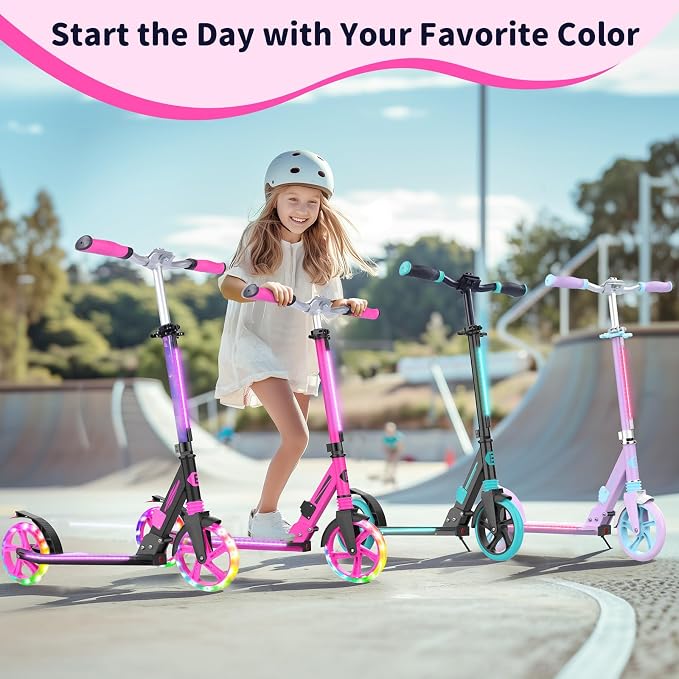 BELEEV V8 Scooters for Kids Ages 6+ with Light-Up Deck, 2 Wheel Folding Scooter for Kids, 4 Adjustable Height, Lightweight Sport Commuter Scooter, Sturdy Frame
