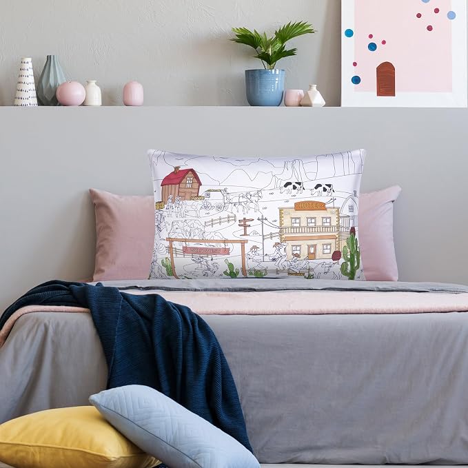 Mindsoft Coloring Pillowcase with 12 Pcs Markers Color Your Own Pillowcase Kit for Coloring Craft Decoration Supplies, 28.7 x 19.7 Inch(West Cowboy)