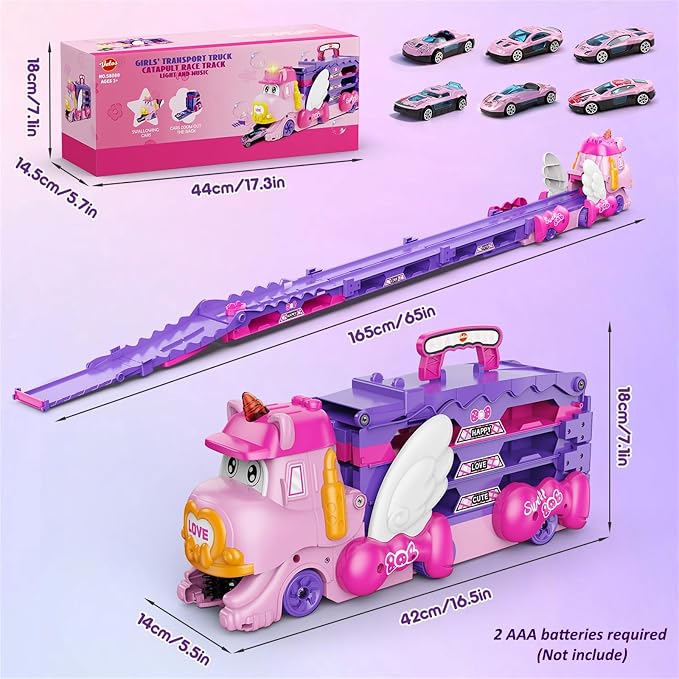 VATOS Toddler Truck Car Toys for 3 4 5 6 Year Old Girls, Foldable Race Track Toy with 6 Race Cars, Portable Transport Carrier Truck with Light & Music, Princess Toys Cars Gift for Kids Girls