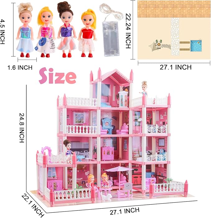 Large Doll House for Girls 3-12 Years Old 11 Rooms Dream Dollhouse with Lights, Play Mat, Dolls, Furniture & Rich Accessories, Perfect Birthday for Kids