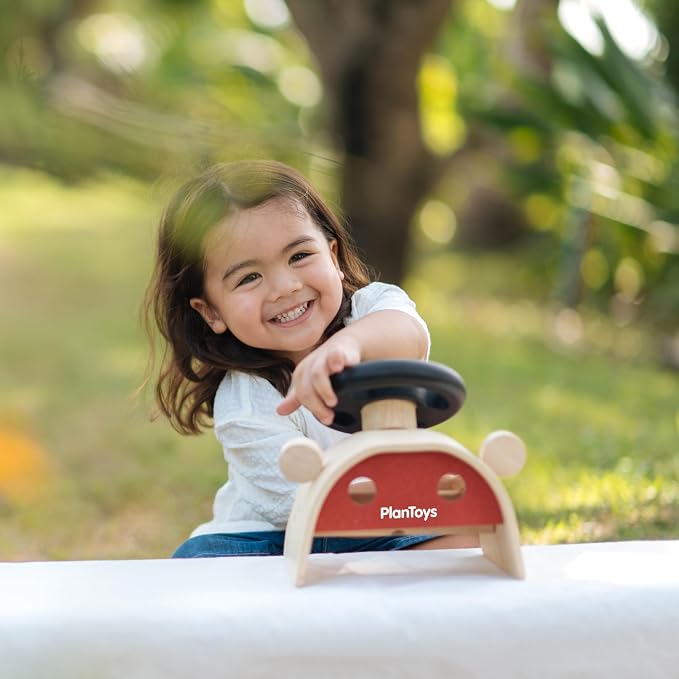 PlanToys® Wooden Driving Console | Montessori Pretend Play Dashboard with Steering Wheel, Gear Shift & Controls for Role Play, Coordination & Imaginative Play | Eco Friendly Wooden Play Toy